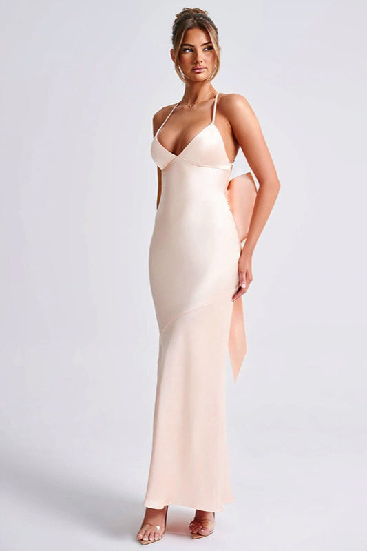 Satin Maxi Dress with Bow Detail Silk Dress