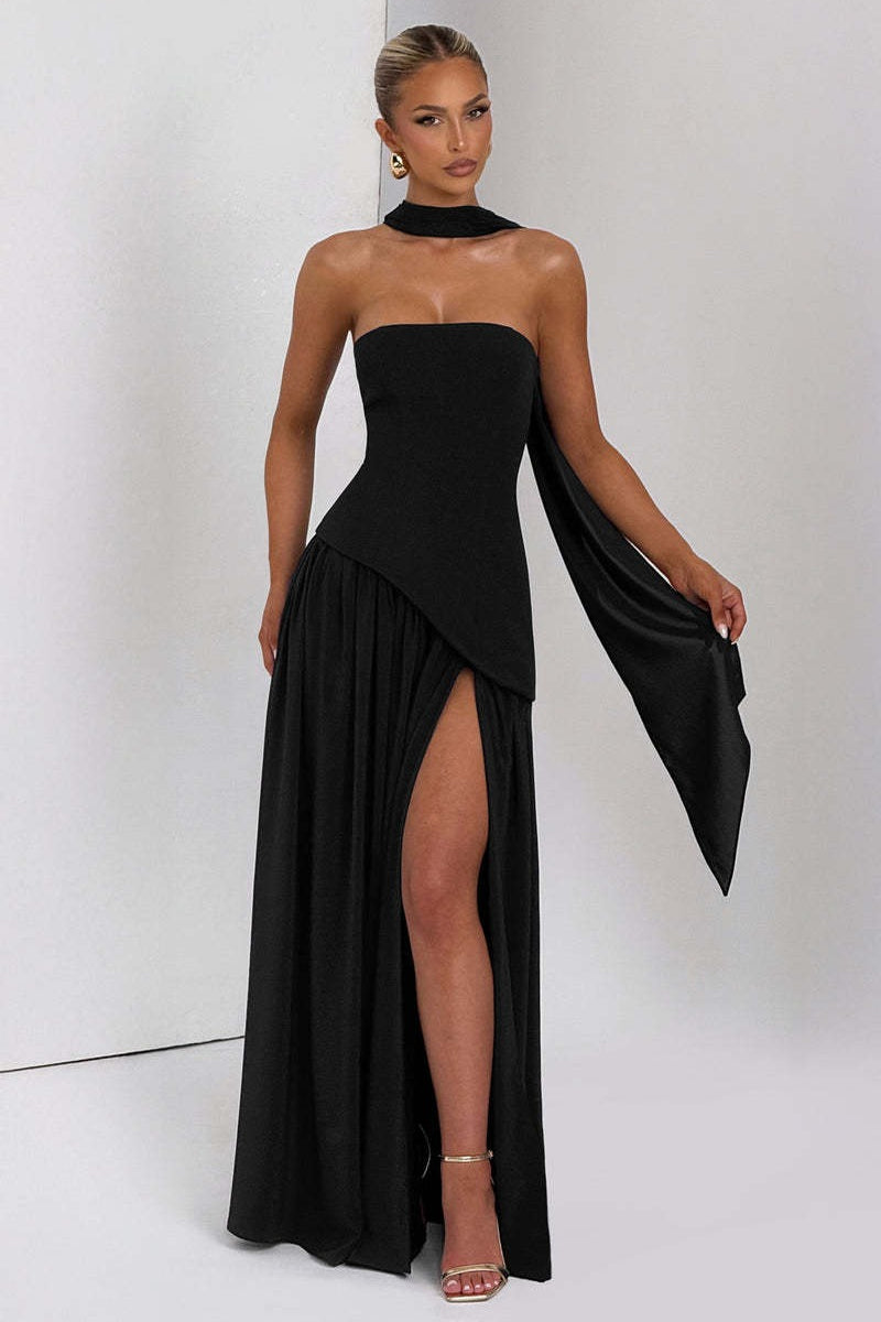 Strapless Scarf Neck High Split Draped Maxi Gown - View 24