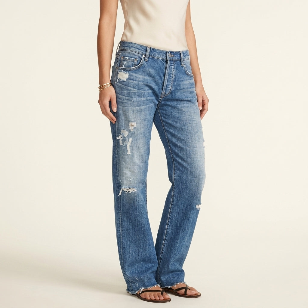 Mid Rise Distressed Straight Leg Jeans