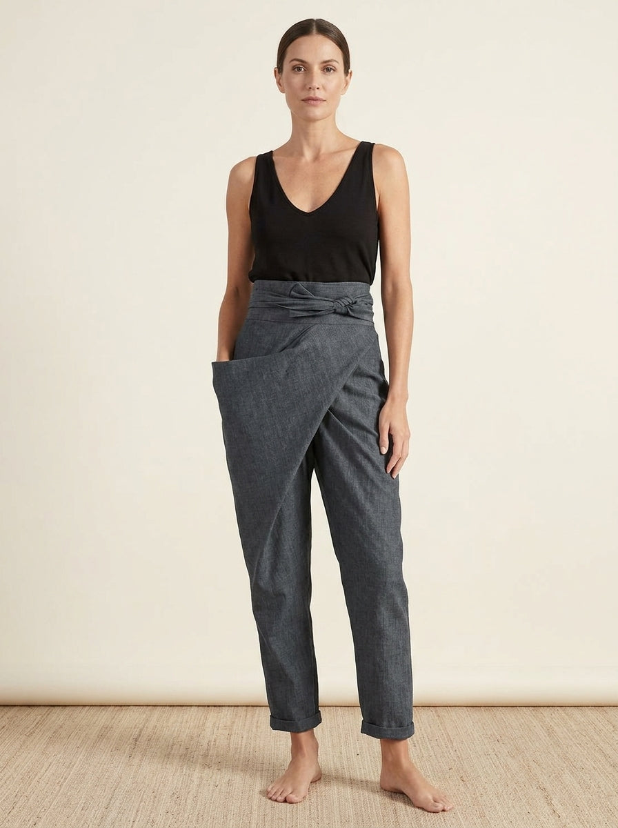 High Waist Wrap Front Tie Tapered Denim Look Pants