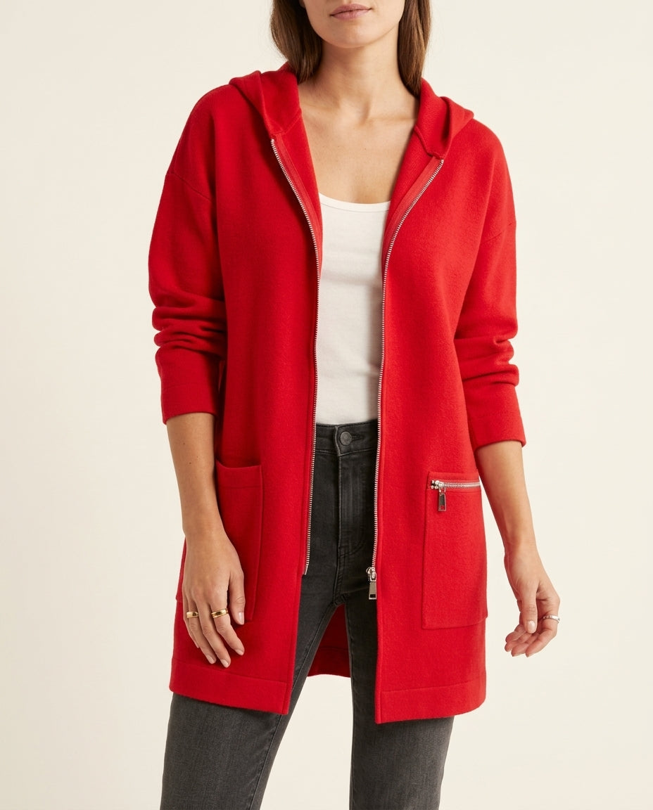 Hooded Zip Front Longline Pocket Cardigan