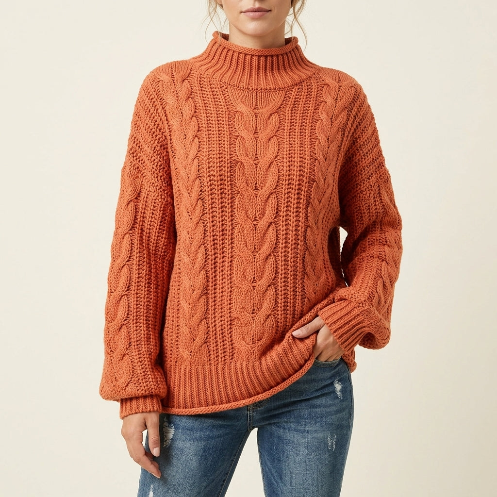 Turtleneck Chunky Cable Knit Sweater