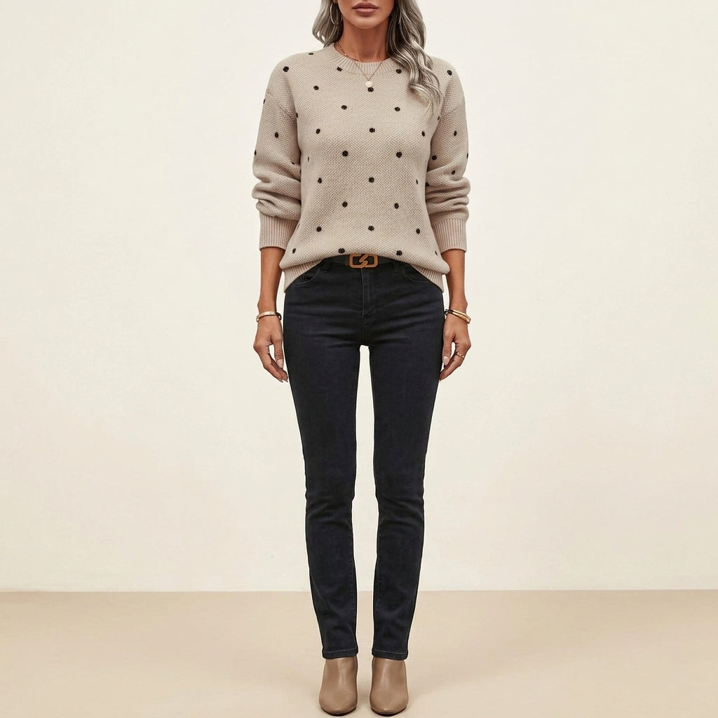 Crew Neck Long Sleeve Polka Dot Knit Sweater