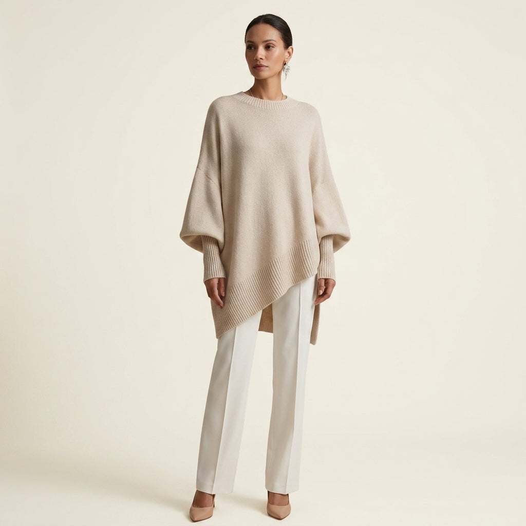 Crew Neck Oversized Asymmetric Hem Poncho Sweater
