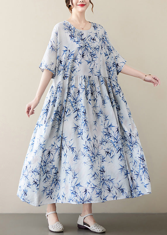 Bamboo Leaf Print Round Neck Empire Waist Pocket A-Line Midi Dress - View 2