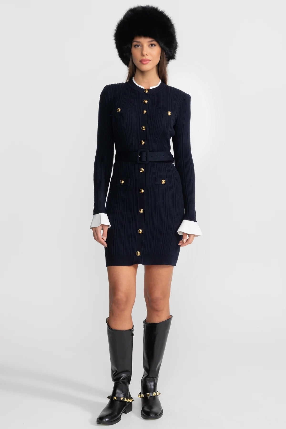 Ribbed Knit Mini Dress with Gold Button Fastening - Dark Blue - View 2