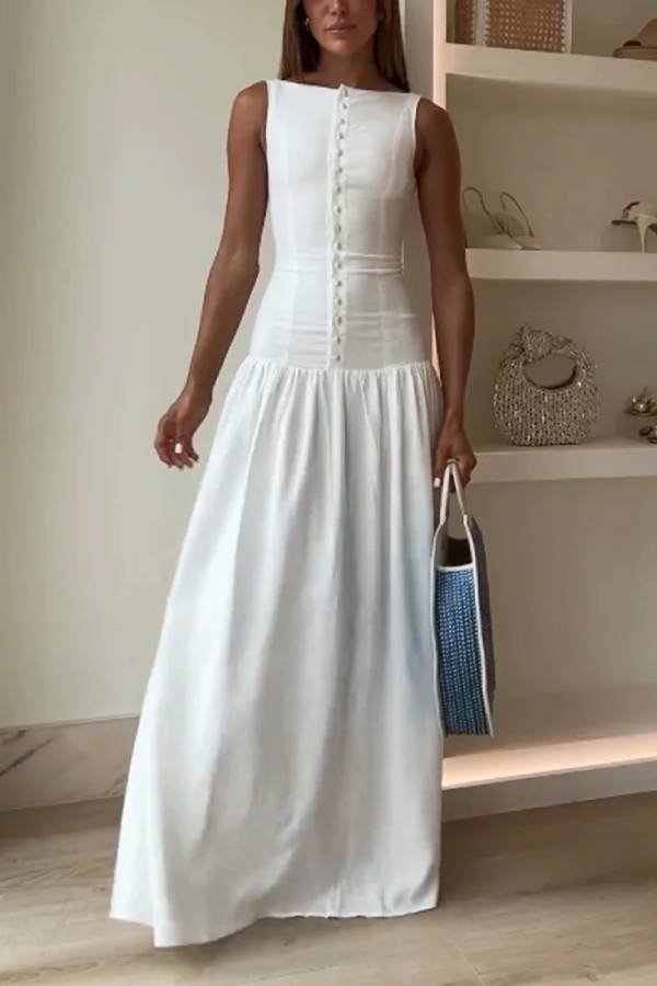 Sleeveless Boat Neck Button Down Drop Waist Gathered Maxi Dress - View 3