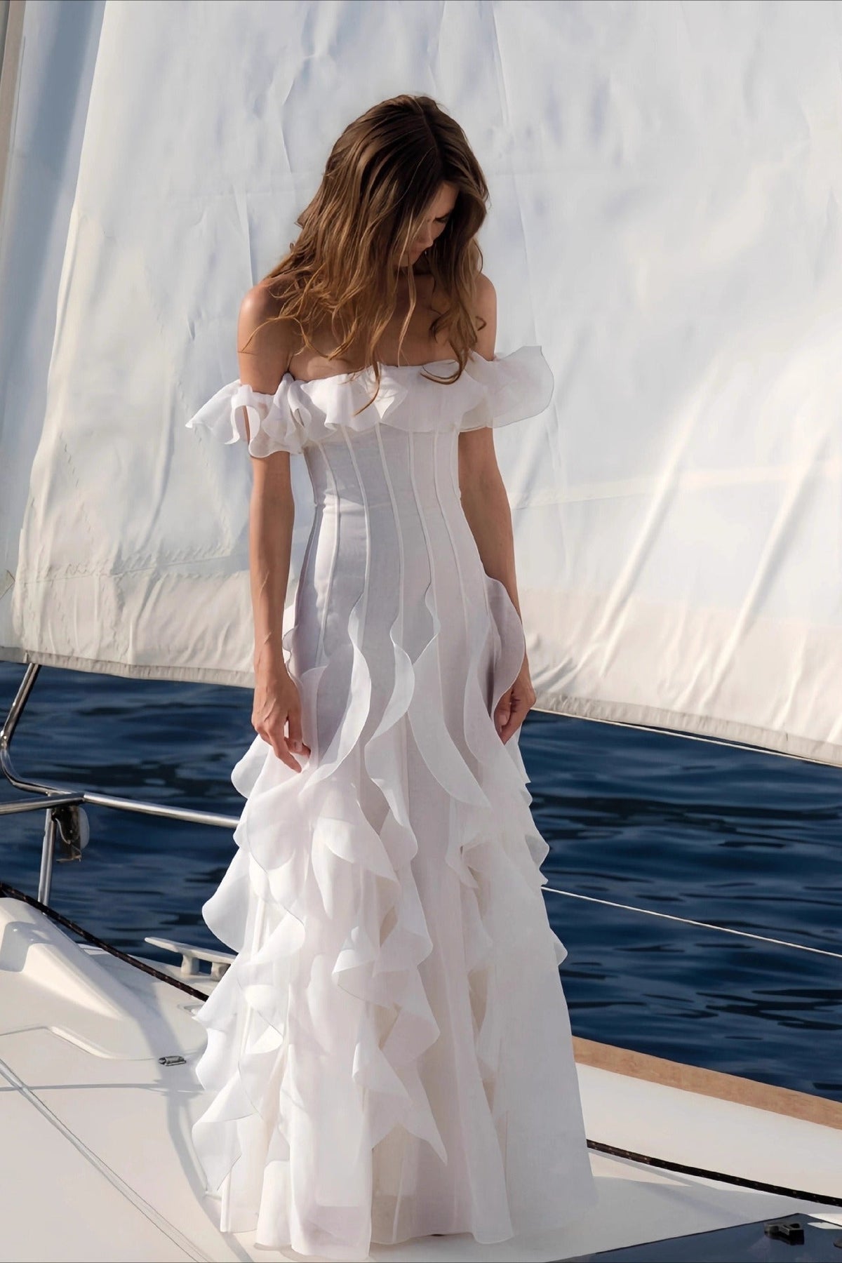 Off Shoulder Ruffle Trim Paneled Bodice Cascading Maxi Gown - View 3