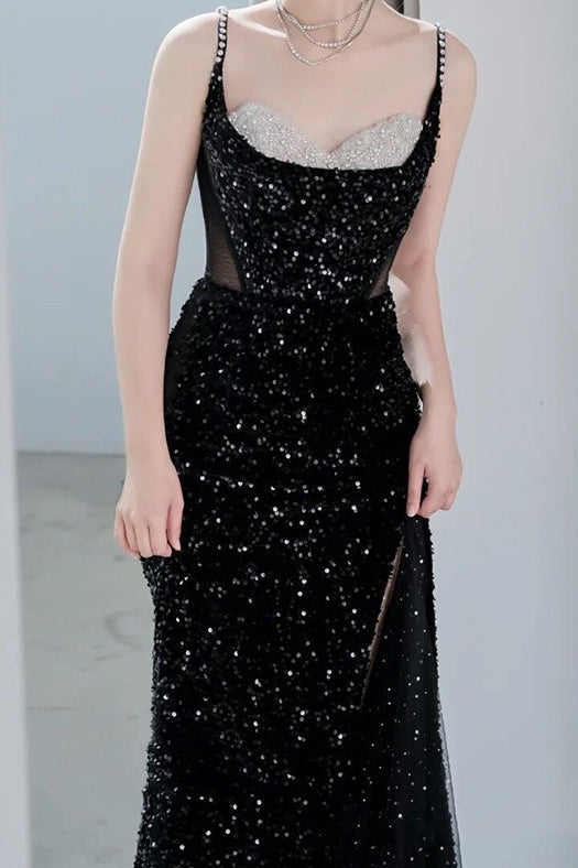 Spaghetti Strap Sequin Beaded High Split Mermaid Prom Gown - View 5