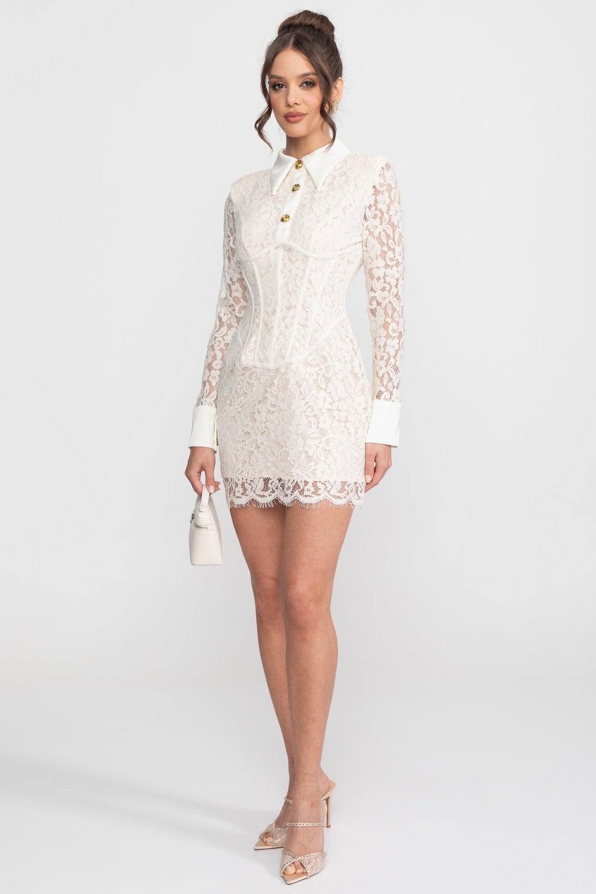 Long Sleeved Lace Mini Dress With Scallop Hem - Ivoire - View 3