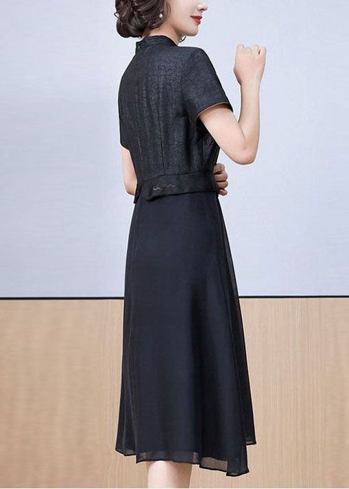 Mandarin Collar Floral Embroidery Asymmetrical Pleated Midi Dress - View 5