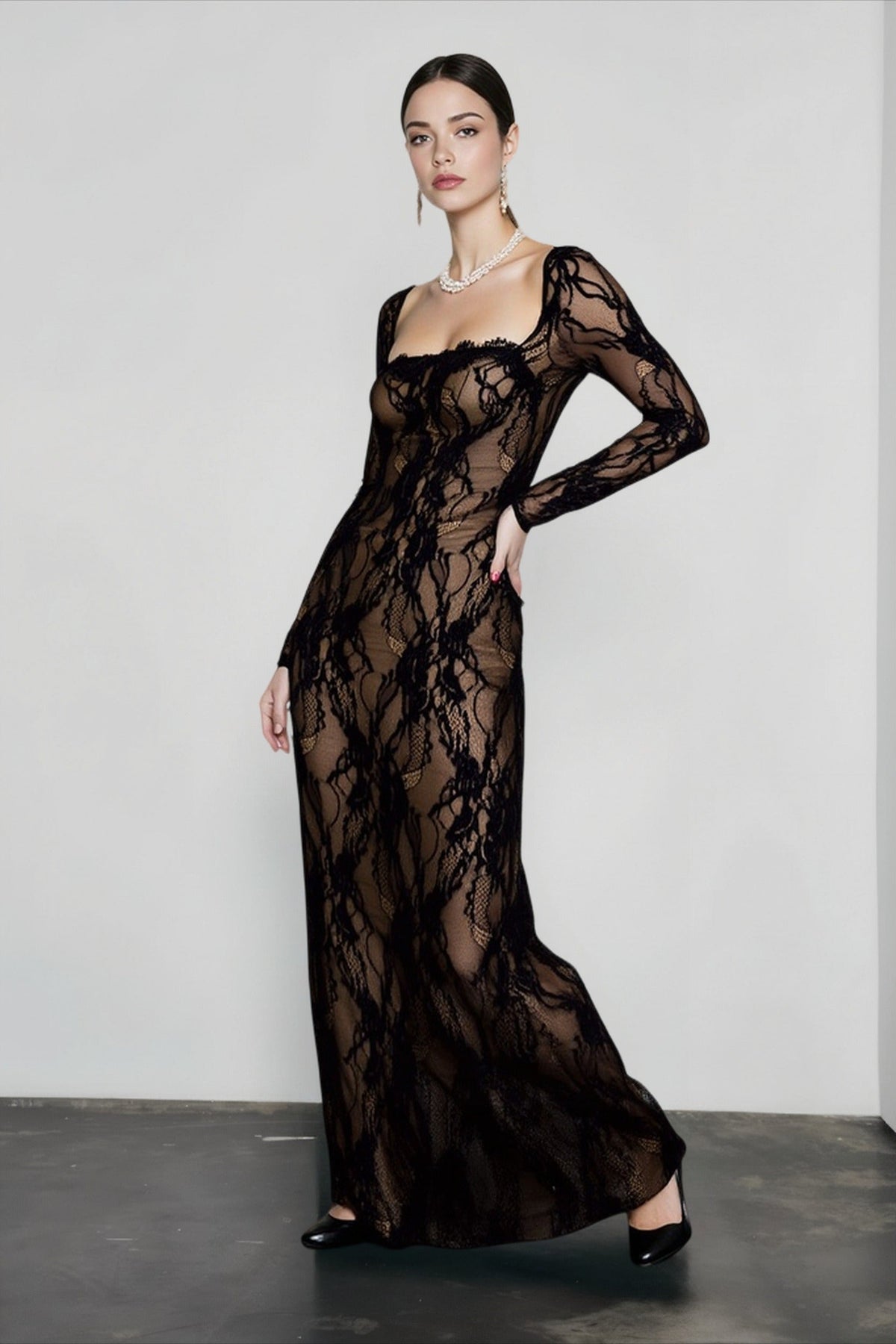 Floral Lace Square Neck Long Sleeve Sheer Maxi Dress 4