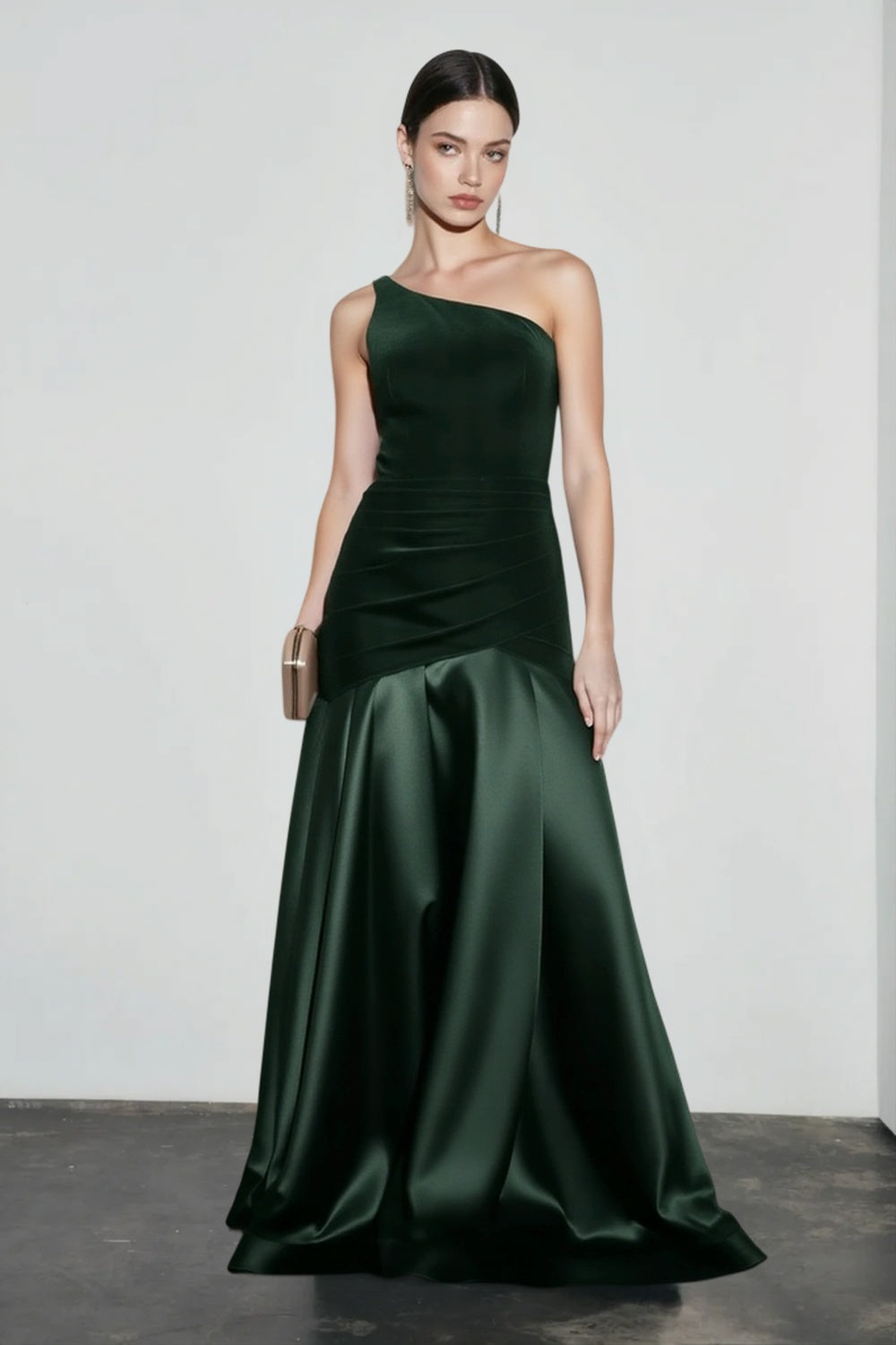 One Shoulder Ruched Velvet Satin Mermaid Gown 5