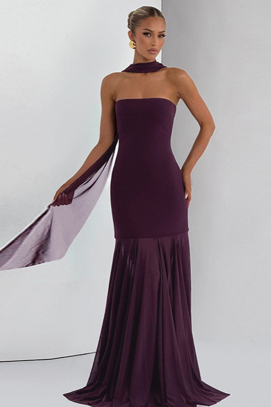 Strapless Scarf Neck Mesh Hem Mermaid Maxi Dress - View 5
