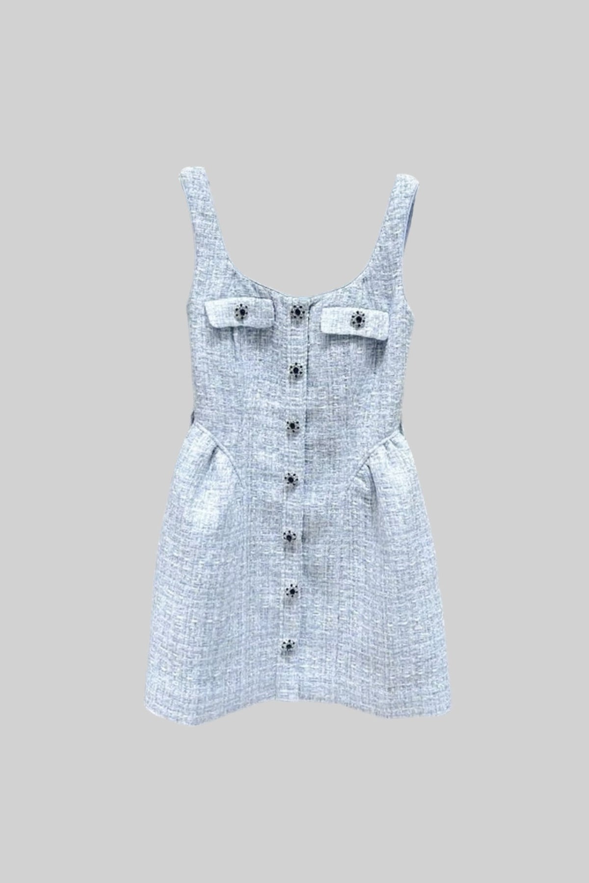Tweed Square Neck Sleeveless Jewel Button Belted Mini Dress - View 2