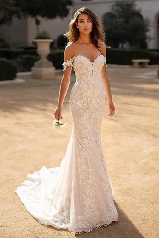 Lace Off Shoulder Sweetheart Mermaid Wedding Gown