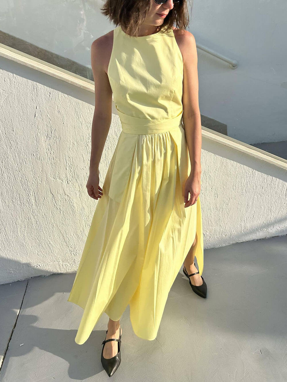 Spaghetti Strap Square Neck Tie Belt Side Pocket Maxi Dress - View 9