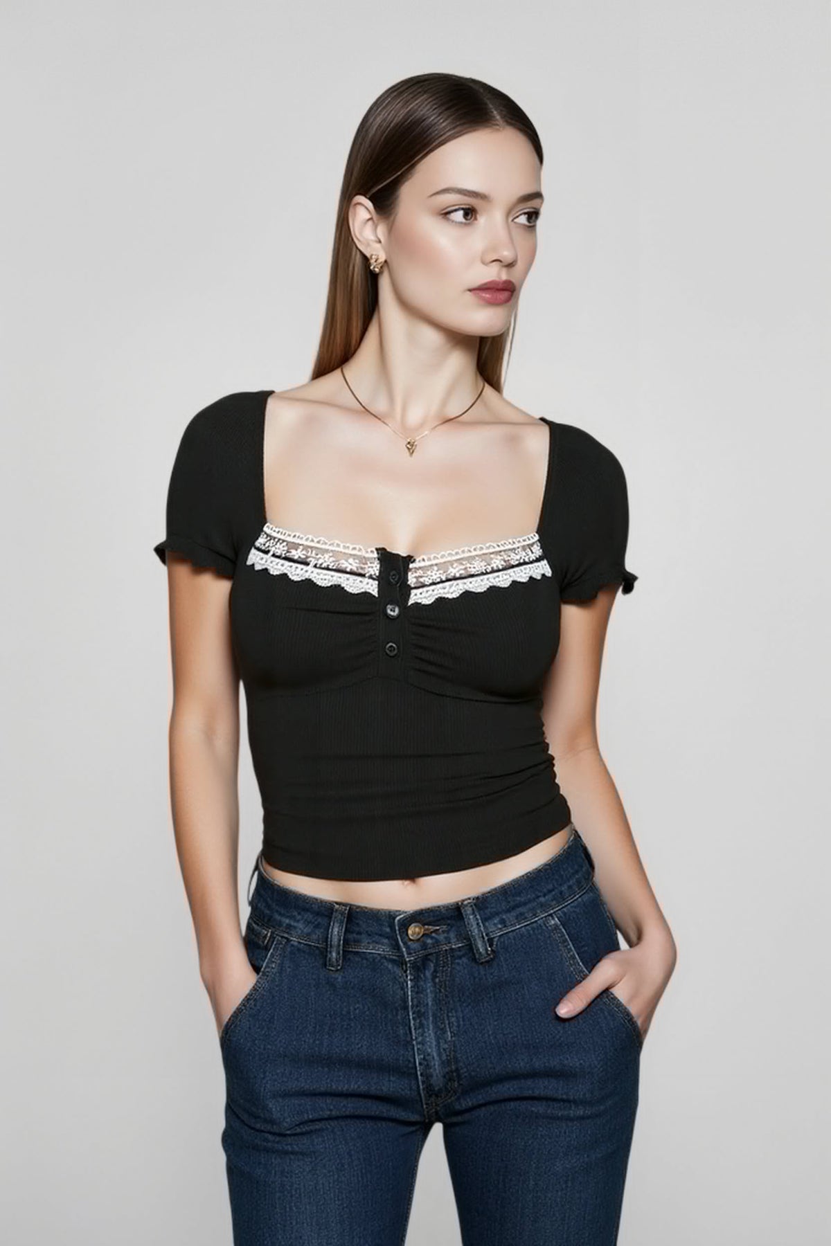 Square Neck Short Sleeve Lace Trim Button Front Crop Top