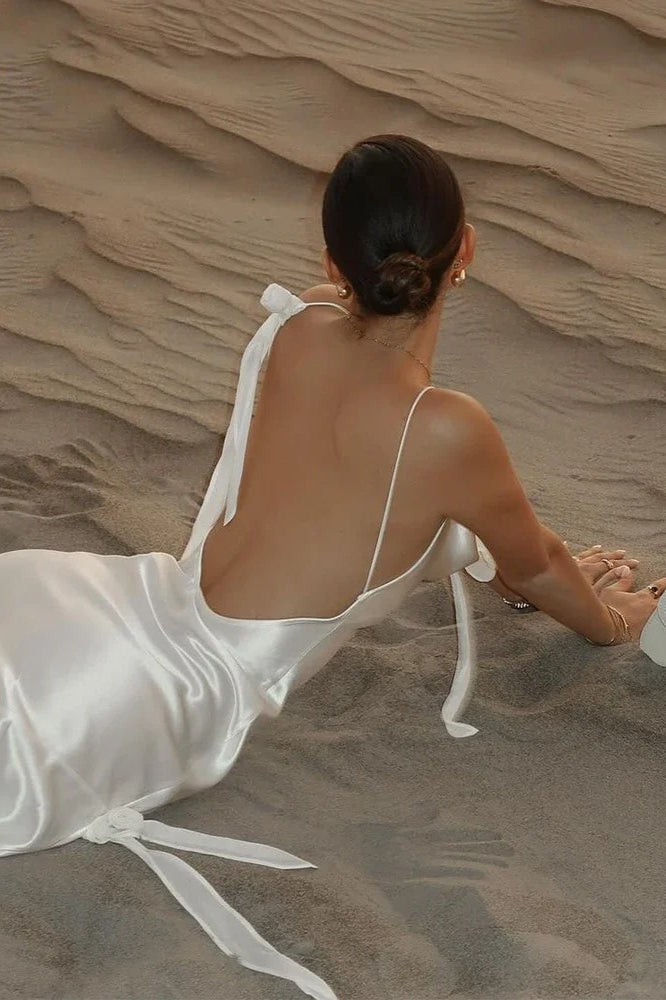Elegant White Satin Backless Maxi Dress - View 7