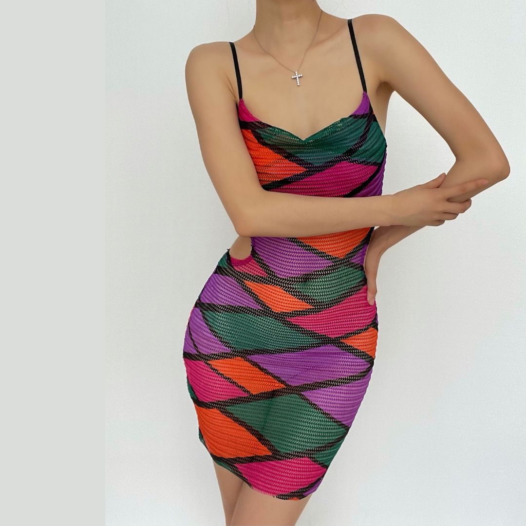 Crochet Mesh Geometric Waist Cut Out Bodycon Mini Dress
