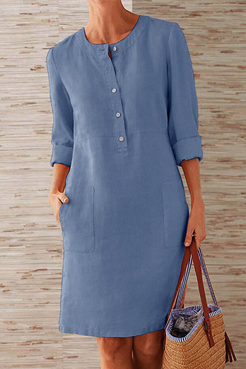 Round Neck Partial Button Patch Pocket Three Quarter Shift Dress - View 4