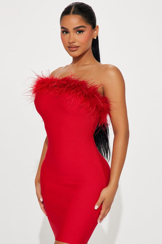 Feather Trim Strapless Party Dress - View 5