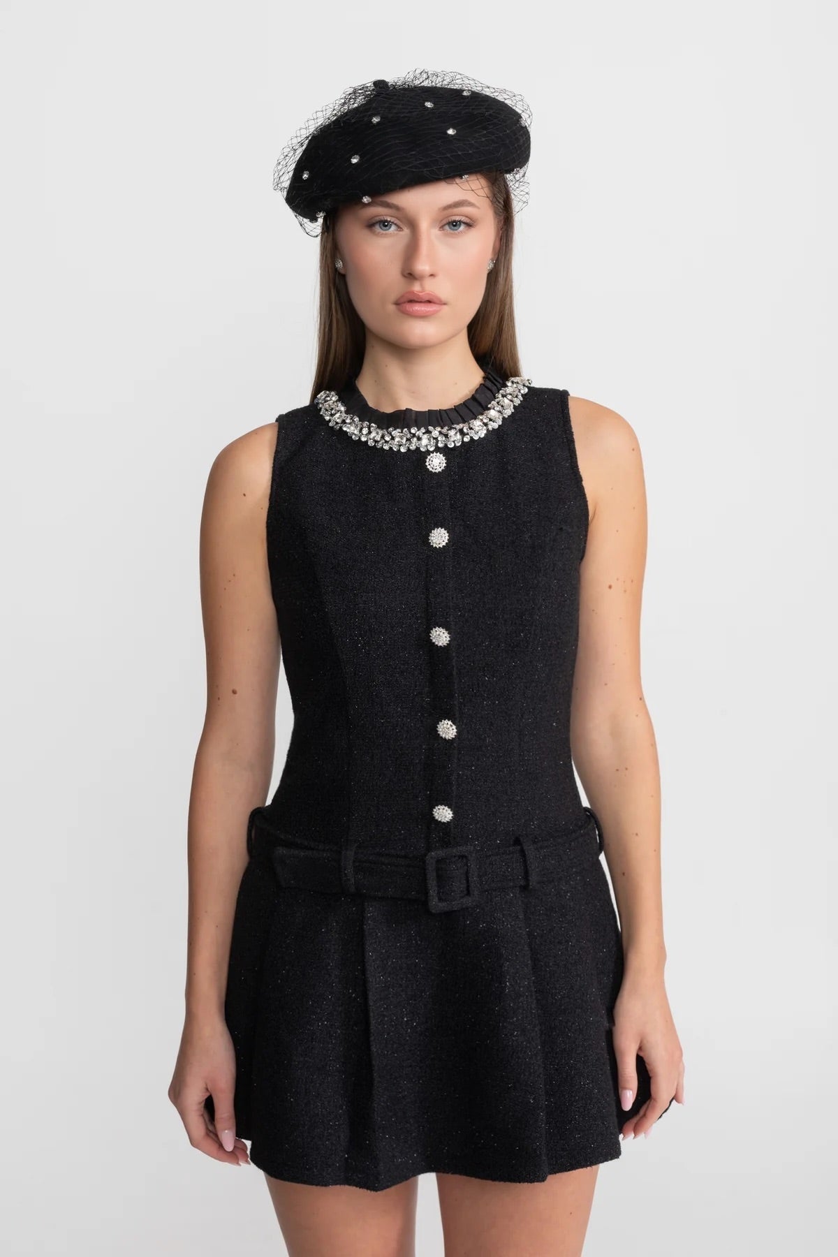 Rhinestone Collar Crystal Button Belted Tweed Sleeveless Mini Dress - View 2