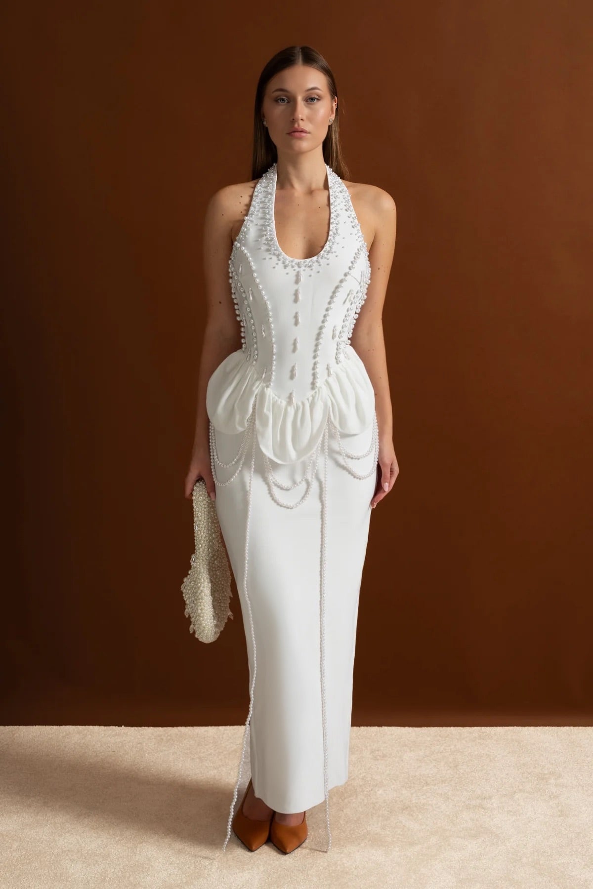 Embellished Halter Maxi Dress With Gathered Peplum Detail – White - View 2