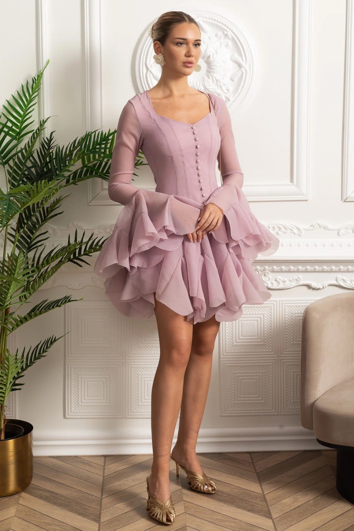 Sheer Sleeve Corset-Waist Ruffle Hem Mini Dress - Pink - View 2