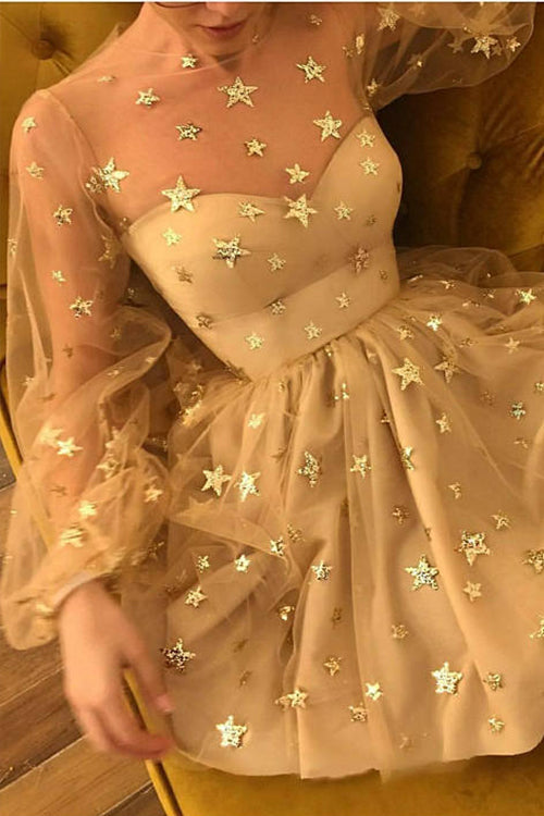 Tulle Star Print Puff Sleeve Mesh Overlay Sweetheart Mini Dress
