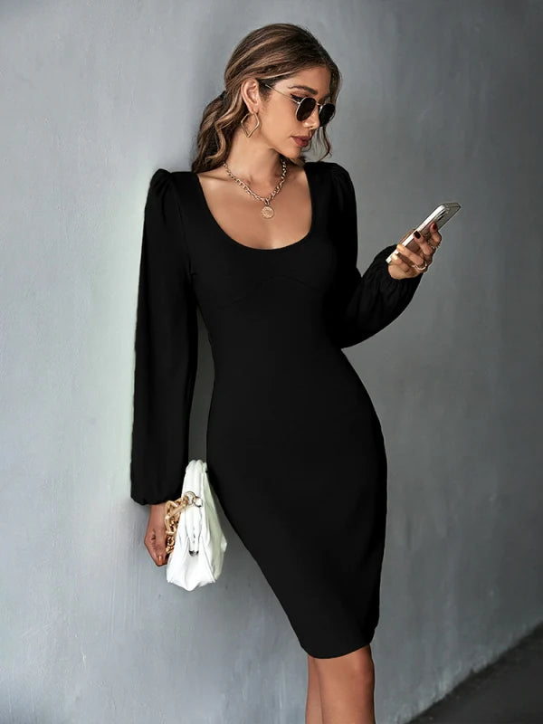 Scoop Neck Long Sleeve Seam Detail Bodycon Midi Dress 5