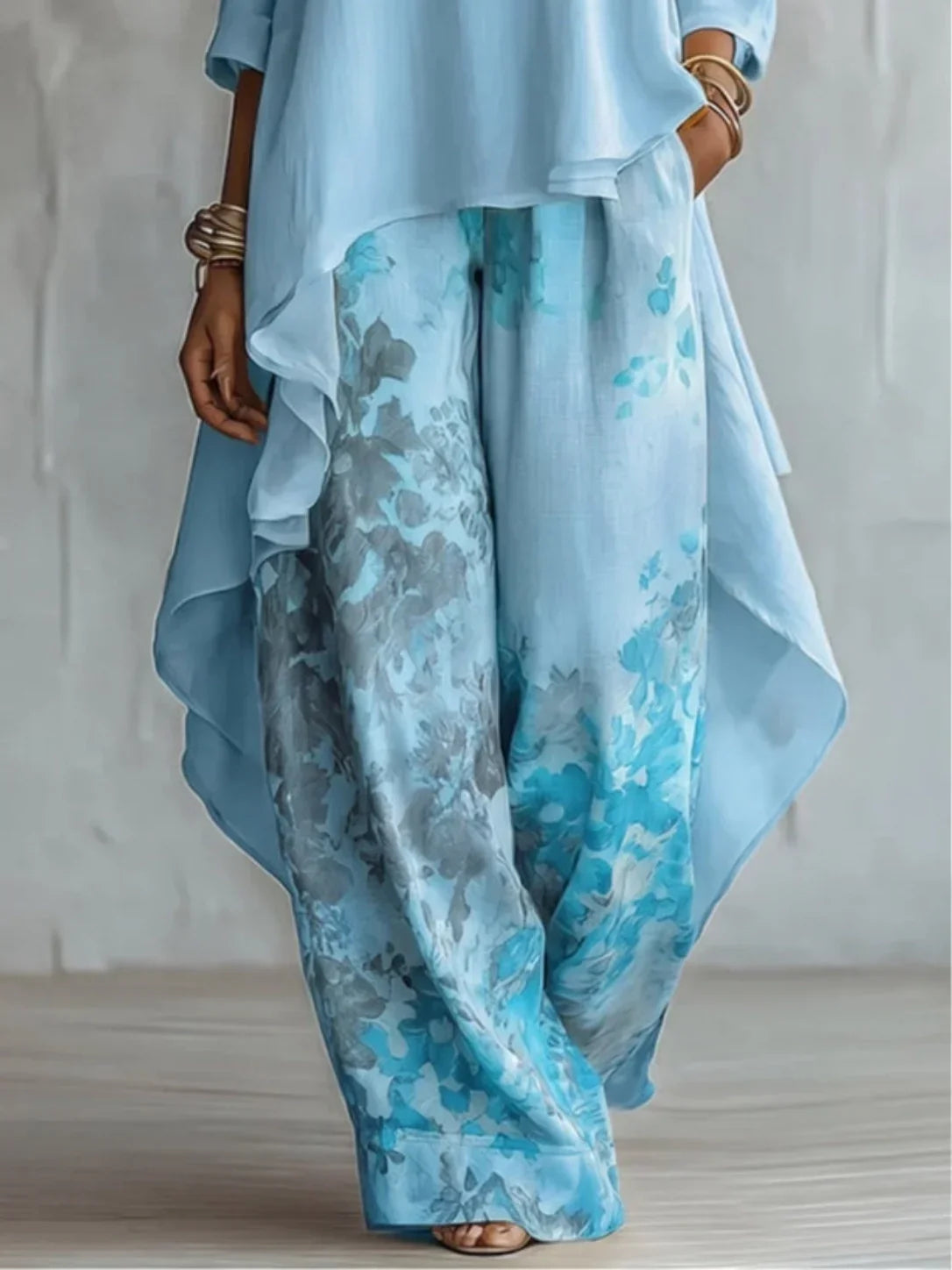 Boat Neck High Low Top and Floral Wide Leg Pants Two Piece Set 3