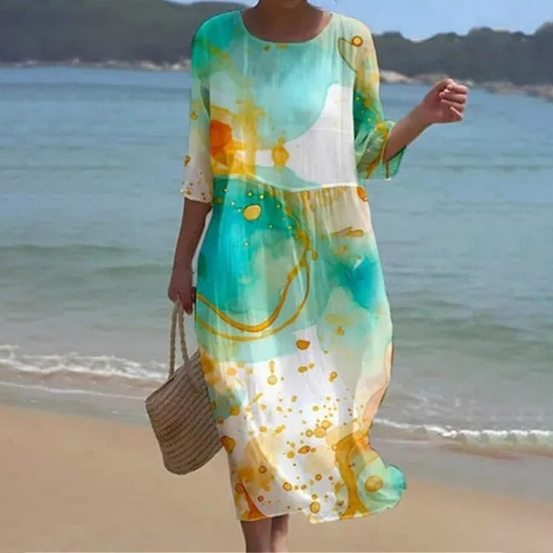 Floral Print Round Neck Three Quarter Sleeve Loose Shift Maxi Dress - View 4