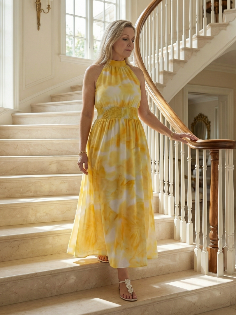 Tie Dye Halter Neck Smocked Waist Maxi Dress 16