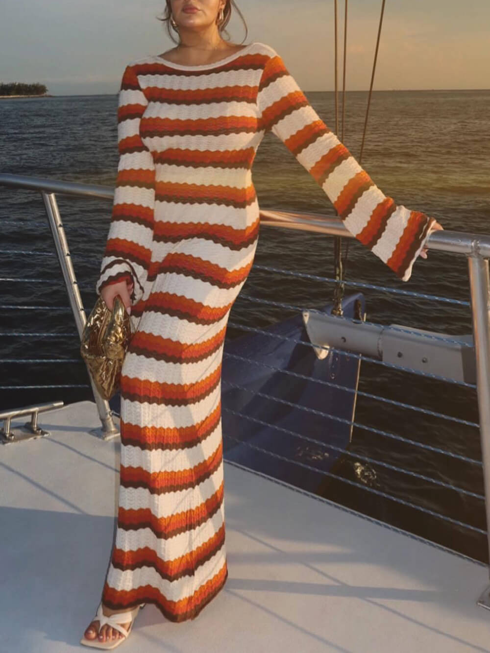 Crochet Zigzag Stripe Long Sleeve Bell Sleeve Maxi Dress - View 5