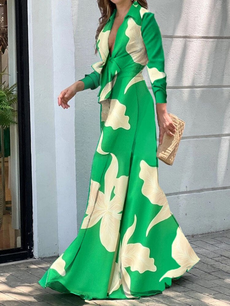 Floral Print Shirt Collar Deep V-Neck Tie Waist Long Sleeve Maxi Dress