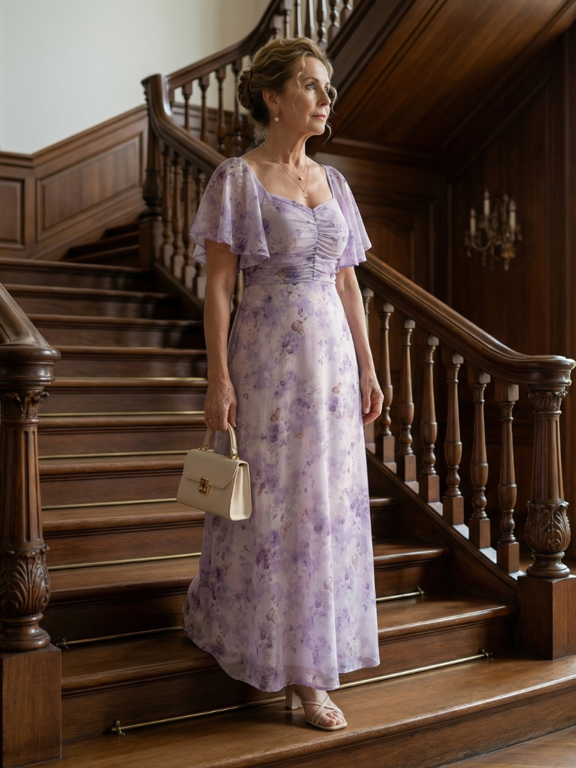 Floral Flutter Sleeve Ruched Bodice Maxi Dress 5