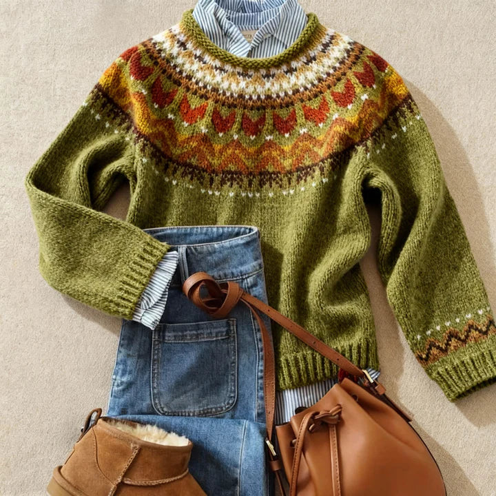 Fair Isle Crew Neck Knit Sweater