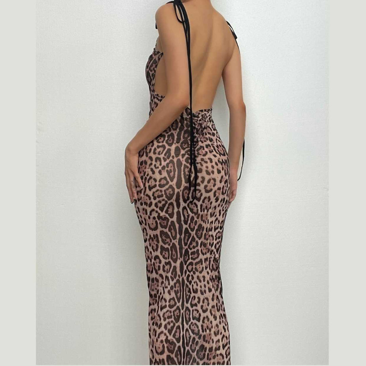 PRE ORDER - Mesh leopard print backless self tie ruched maxi dress - View 6