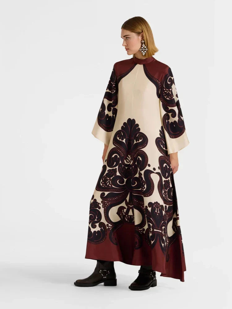 Scroll Print Satin Tie Neck Bell Sleeve A-Line Maxi Dress - View 3