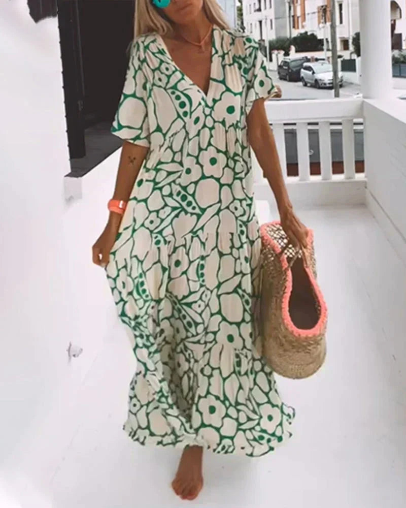 Abstract Floral Print V-Neck Flutter Sleeve Tiered Maxi Dress 4