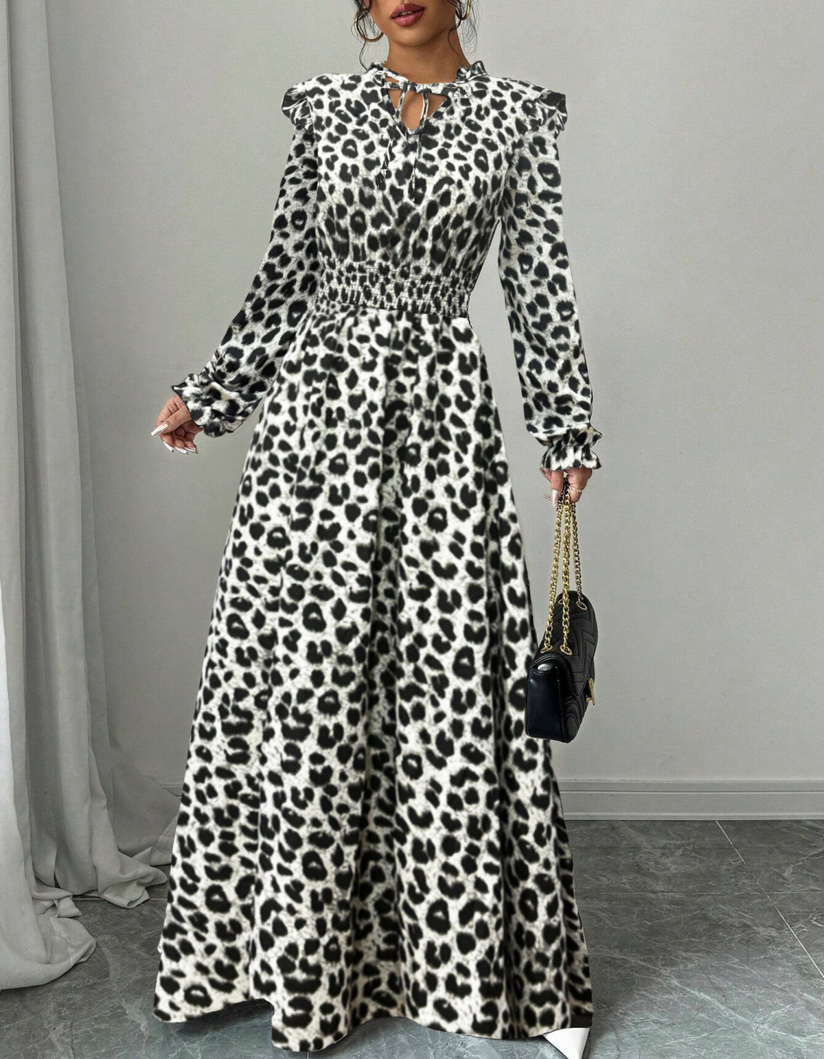 Ditsy Floral Keyhole Long Sleeve Smocked Waist Maxi Dress 3