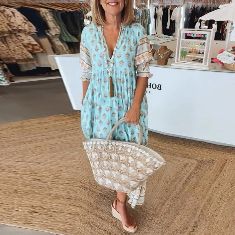 Printed V-Neck Ruffle Short Sleeve Tiered Maxi Dress 13