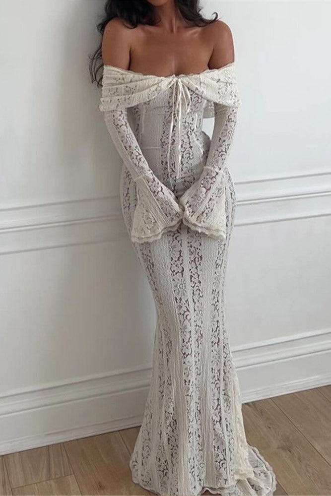Matilde Statement Lace Wide Flared Sleeve Off Shoulder Dress