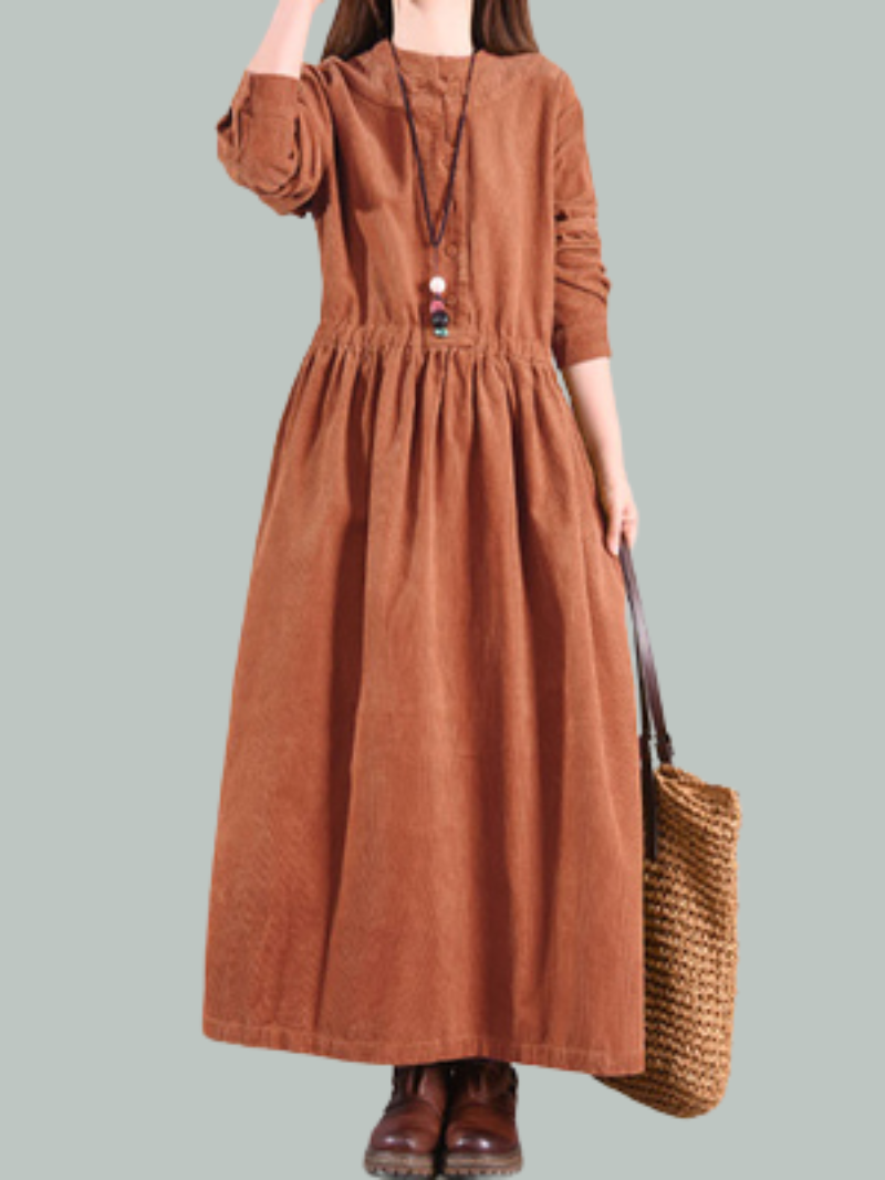 Corduroy Round Neck Button Front Long Sleeve A-Line Maxi Dress - View 5