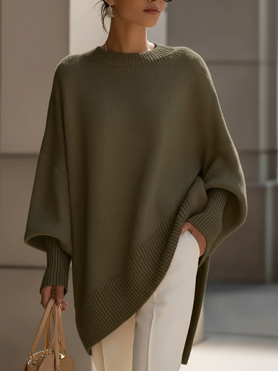 Crew Neck Oversized Asymmetric Hem Poncho Sweater 9