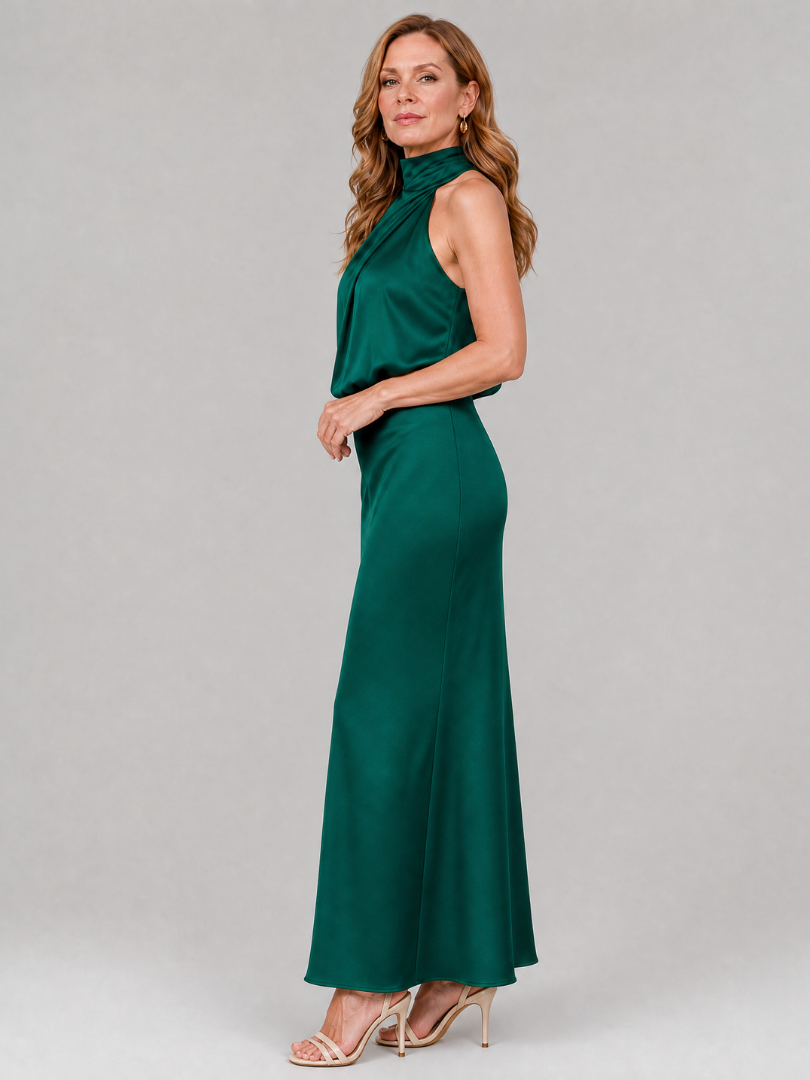 Halter Neck Draped Satin Maxi Gown 5