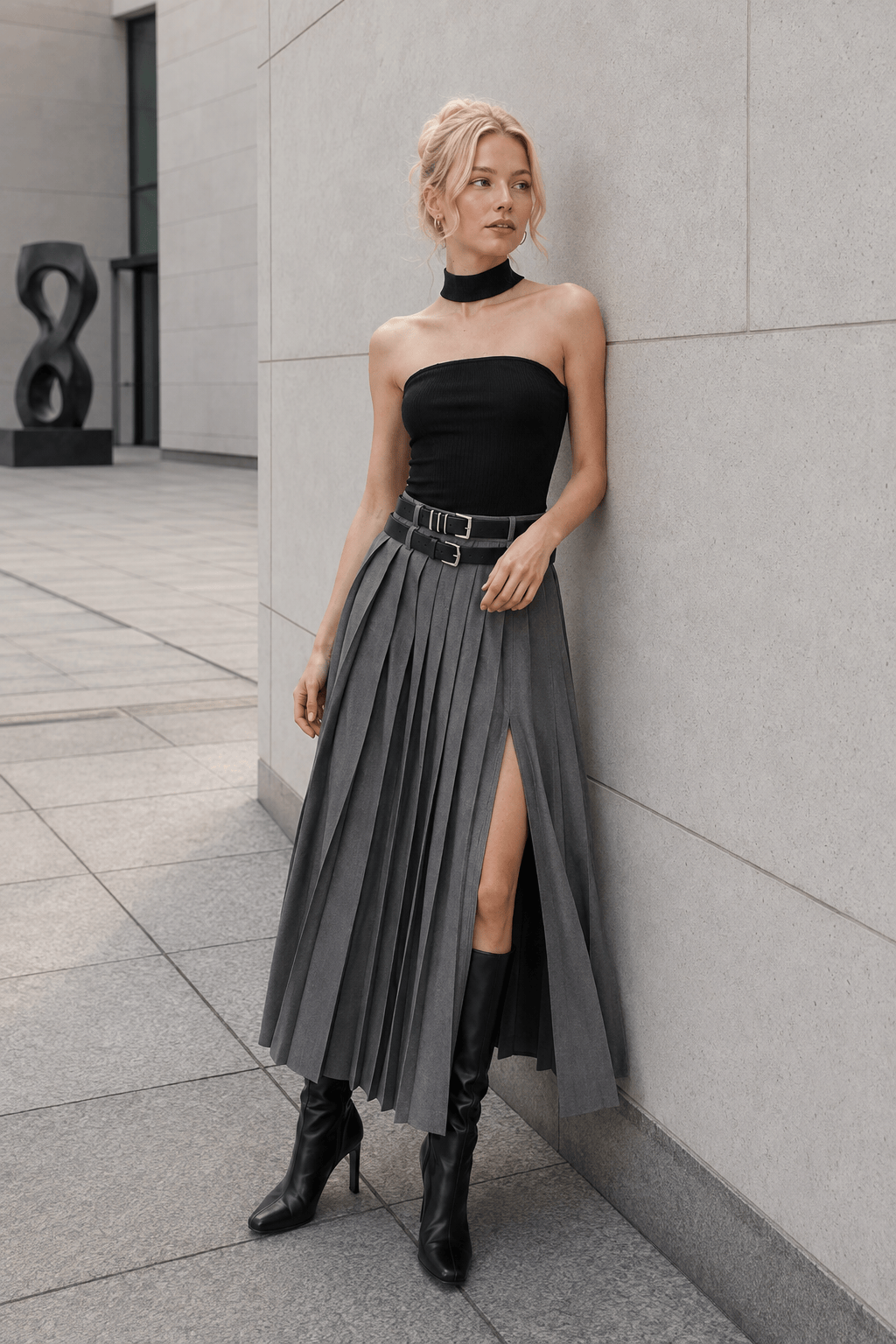 Pleated Split Maxi Skirt