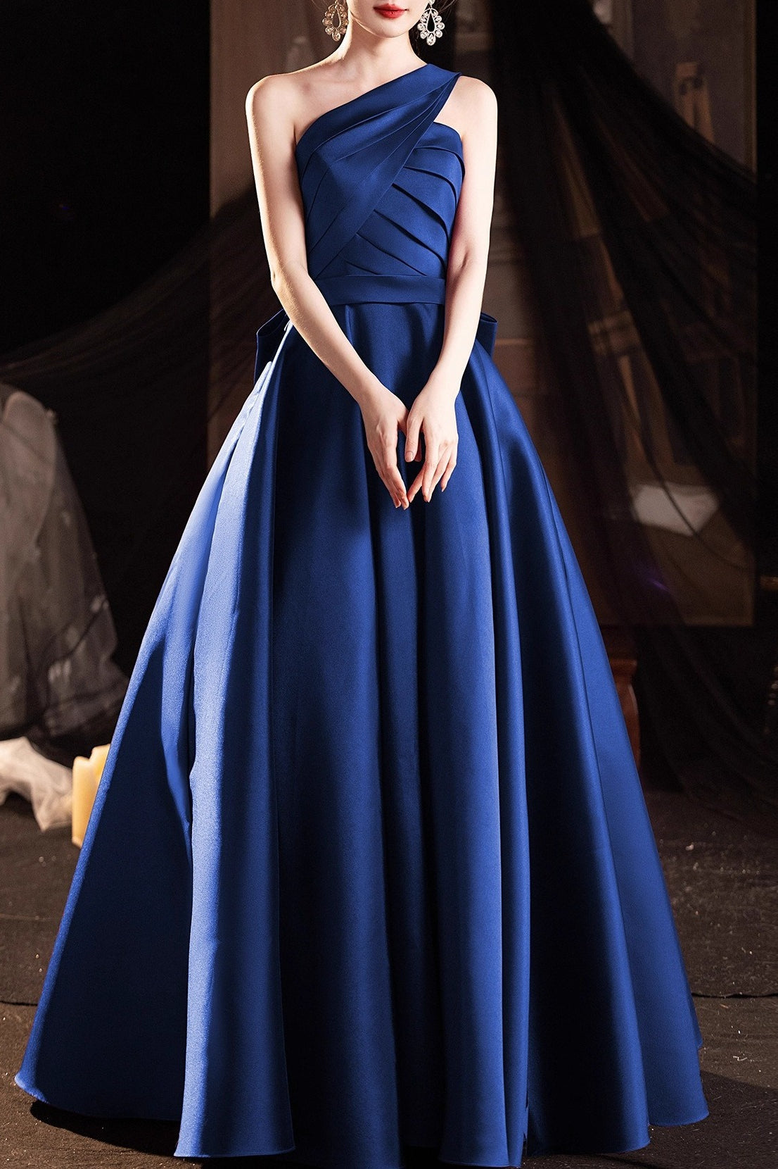 Satin One Shoulder Pleated A-Line Maxi Gown