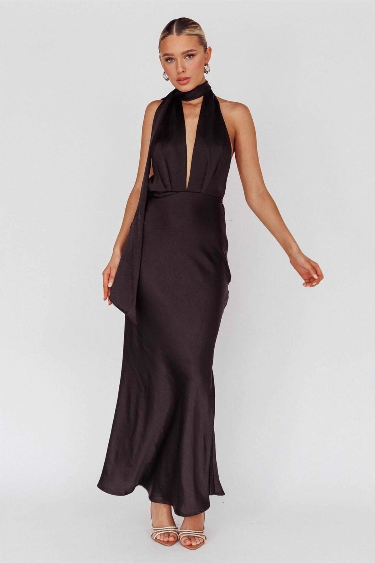 Satin Halter Neck Deep V-Neck Backless Slip Maxi Dress - View 7